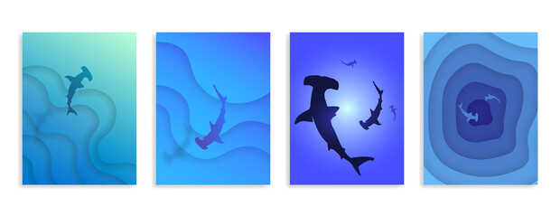 Abstract depth and 
Hammerhead sharks. Set of 4 vertical banners. - obrazy, fototapety, plakaty
