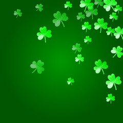 Shamrock background for Saint Patricks Day. Lucky trefoil confetti. Glitter frame of clover leaves.. Template for poster, gift certificate, banner. Festive shamrock background.