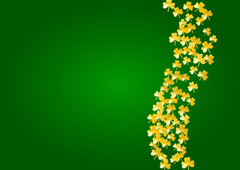 Clover background for Saint Patricks Day.  Lucky trefoil confetti. Glitter frame of shamrock leaves. Template for voucher, special business ad, banner. Dublin clover background.