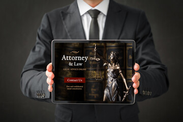 Man showing website of attorney on tablet