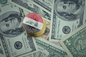 golden shining bitcoins with flag of iraq on a dollar money background.