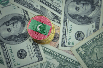 golden shining bitcoins with flag of maldives on a dollar money background.