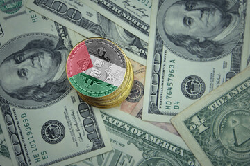 golden shining bitcoins with flag of palestine on a dollar money background.