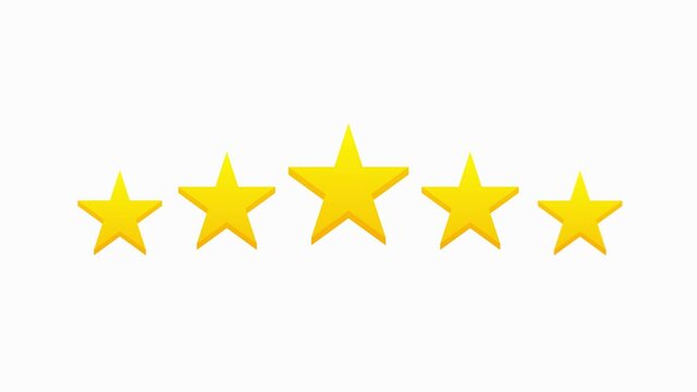 Five stars customer product rating review flat icon for apps and websites on white background. Feedback stars. Motion graphic.