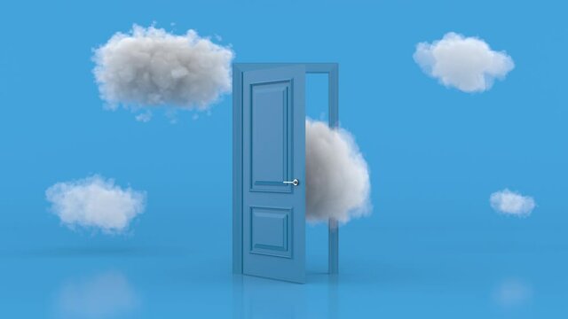 White clouds going through, flying out, open blue door, objects isolated on bright blue background. Abstract metaphor, modern minimal concept. Surreal dream scene. 3d animation loop, 4K