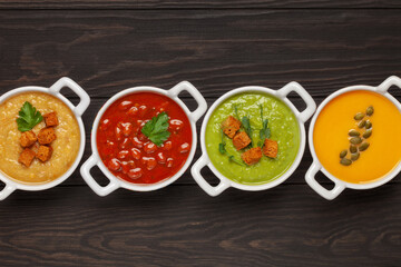 Set of vegetables soups. Pumpkin , green peas , lentil soup with ingredients. Dishes, food. Top view.