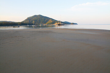 Local fishing boats on the beach in the morning., Boat on the beach at sunrise time.