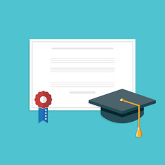 Graduation cap and diploma . Flat style vector illustration