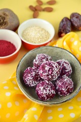 Beetroot quinoa date almond coconut energy balls 