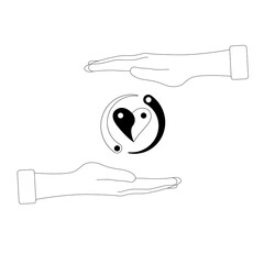 Two hands between them balance the heart. Black and white. Yin Yang. Contrast. Vector illustration.