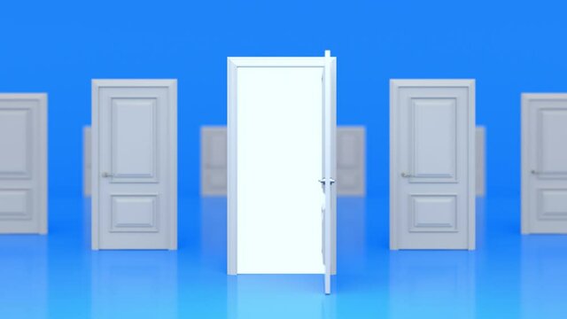 A set of white wooden closed doors and one open with a glow. There are many ways to choose. Decision making concepts, different possibilities. Choice, business and success concept. 3d animation, 4K