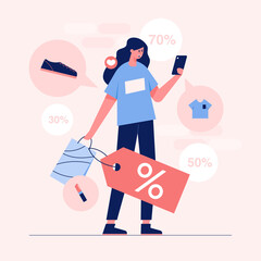 Shopping online.Young women shop online on smartphones. Vector flat illustration.