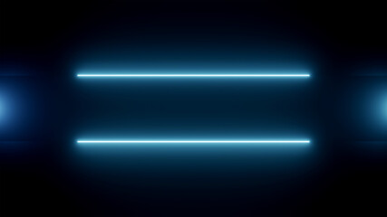 Light blue neon stripes on dark blue background with lights on the edges. Add your own text or message between the stripes. Procedural graphic designed as a 3D render, 3D illustration.