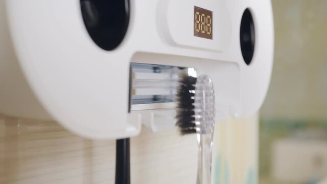 Close-up of a girl inserting the whole family's toothbrushes into a special holder and an ultraviolet toothbrush sanitizer.