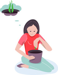 Young woman planting a seed in a pot. Gardener dreaming about beautiful plant. Illustration of farmer isolated on  white background