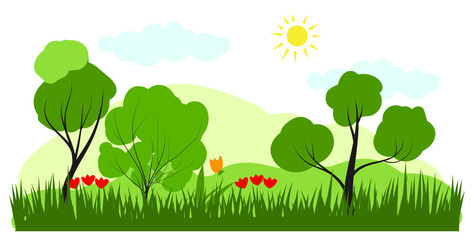 Vector illustration in trendy flat simple style. forest sunny summer landscape with flowers