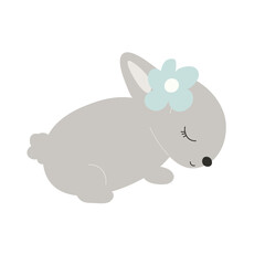 Grey Baby Bunny with a flower on head. Little Sleep Rabbit. Cute Easter Animal. Hares Vector  Spring illustration isolated on background. Design for card, print, book, kids story.