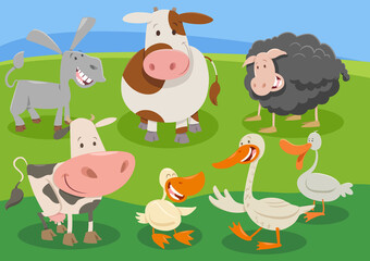cartoon farm animal characters group in the countryside