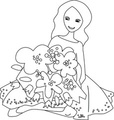 Young woman carries present - a big bunch of roses.  Black and white linear contour illustration for coloring book.