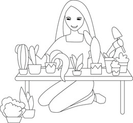 Young woman with many home plants around on white background. Lifestyle and hobby. Illustration can be used for gardening, home planting and farming
