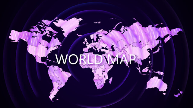 Vector. Abstract image of the geographic map of the planet Earth on a dark background. Light purple outlines of continents and countries with radial blur. Spectacular texture with 3D wave effect.