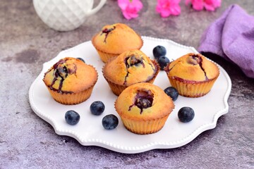 Baked blueberry muffins on white plate