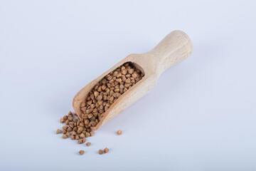 Bunch of uncooked buckwheat on wooden spoon