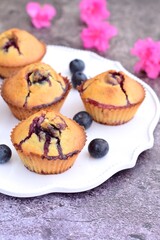Blueberry muffins on white plate decorated with pink flowers. Selective focus