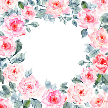 Hand drawn watercolor rose flowers wreath frame