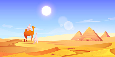 Two men and camel in Egyptian desert with pyramids. Vector cartoon illustration of landscape with arabic bedouins, yellow sand dunes, ancient pharaoh tombs and hot sun in sky