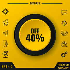 discount 40 percent off Icon. Yellow round button