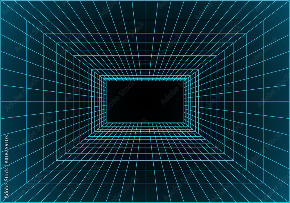 Poster virtual reality building inside structure. perspective grid of empty studio. matrix data visualizati
