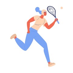 Xare sport woman in helmet running with racket isolated on white. Concept healthy lifestyle illustration with female character
