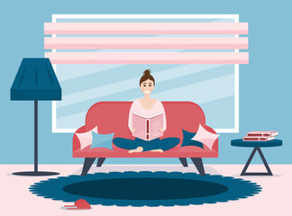 Interior living room, young woman sitting on the sofa reading a book. The girl in the lotus position. Window with blinds. The concept of rest and relaxation. Vector illustration.