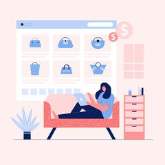 online shopping concept. young woman with laptop lying on sofa in living room and shop online. of web page for website and mobile website. 