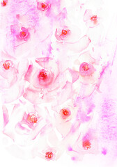 Hand drawn watercolor rose flowers in tender pink and red colors on grunge abstract background