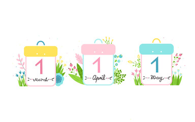 set of absract calendars for the beginning of spring months with flowers and greenery. Spring season. Design of blogs, email newsletters. Vector illustration.
