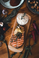 Salmon steak grilled with lemon