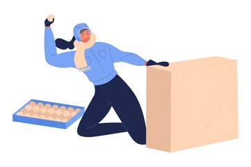 Woman playing yukigassen snowballs game in helmet. Isolated on white winter sport female character hiding behind the ice barrier