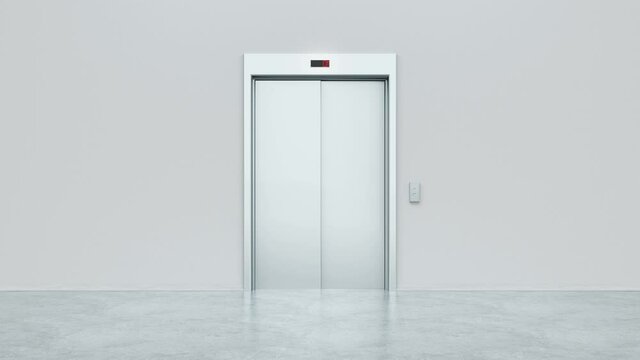 Modern elevator with open metal doors. The doors close and the lift goes up. The numbers change on the display and the button goes out. Choice, business and success concept. 3d animation of 4K