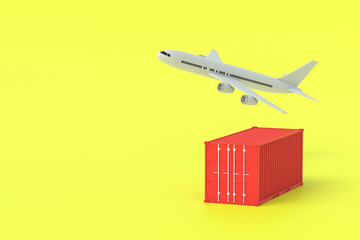 Freight container and airplane on yellow background. Business concept. Transportation of heavy cargo by air. Fast delivery. International logistic company. Commercial trucking. 3d rendering