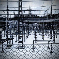 Obraz premium High contrast shot of transformer station with lots of electrical equipment