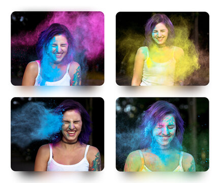 Kit of photos with emotional women playing with gulal paint