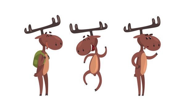 Funny Deer Set, Brown Moose Humanized Character Cartoon Vector Illustration