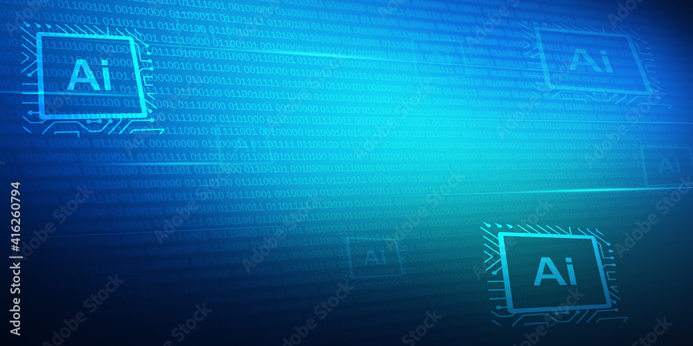 Poster artificial intelligence technology background concept with binary numbers and ai chip