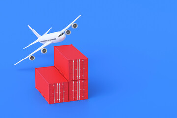 Freight container and airplane on blue background. Business concept. Transportation of heavy cargo by air. Fast delivery. International logistic company. Commercial trucking. 3d rendering