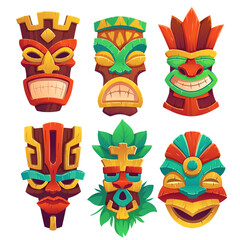 Tiki masks, tribal wooden totems, hawaiian or polynesian style attributes, scary faces with toothy mouth, decorated with leaves isolated on white background. Cartoon vector illustration, icons set