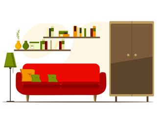 living room interior with furniture, flat cartoon vector illustration