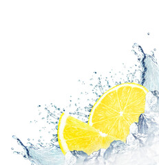 water lemon splash and ice cubes isolated on white background