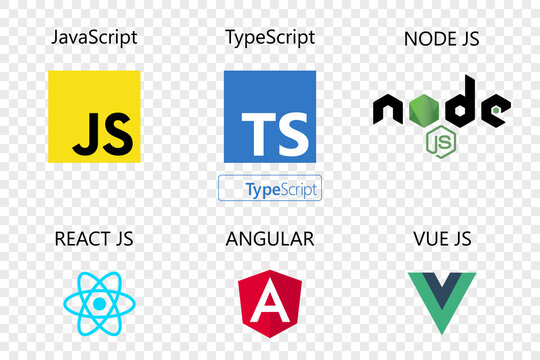 vector collection of web development shield signs: javascript, typescript, react js, angular, vue js and node js.